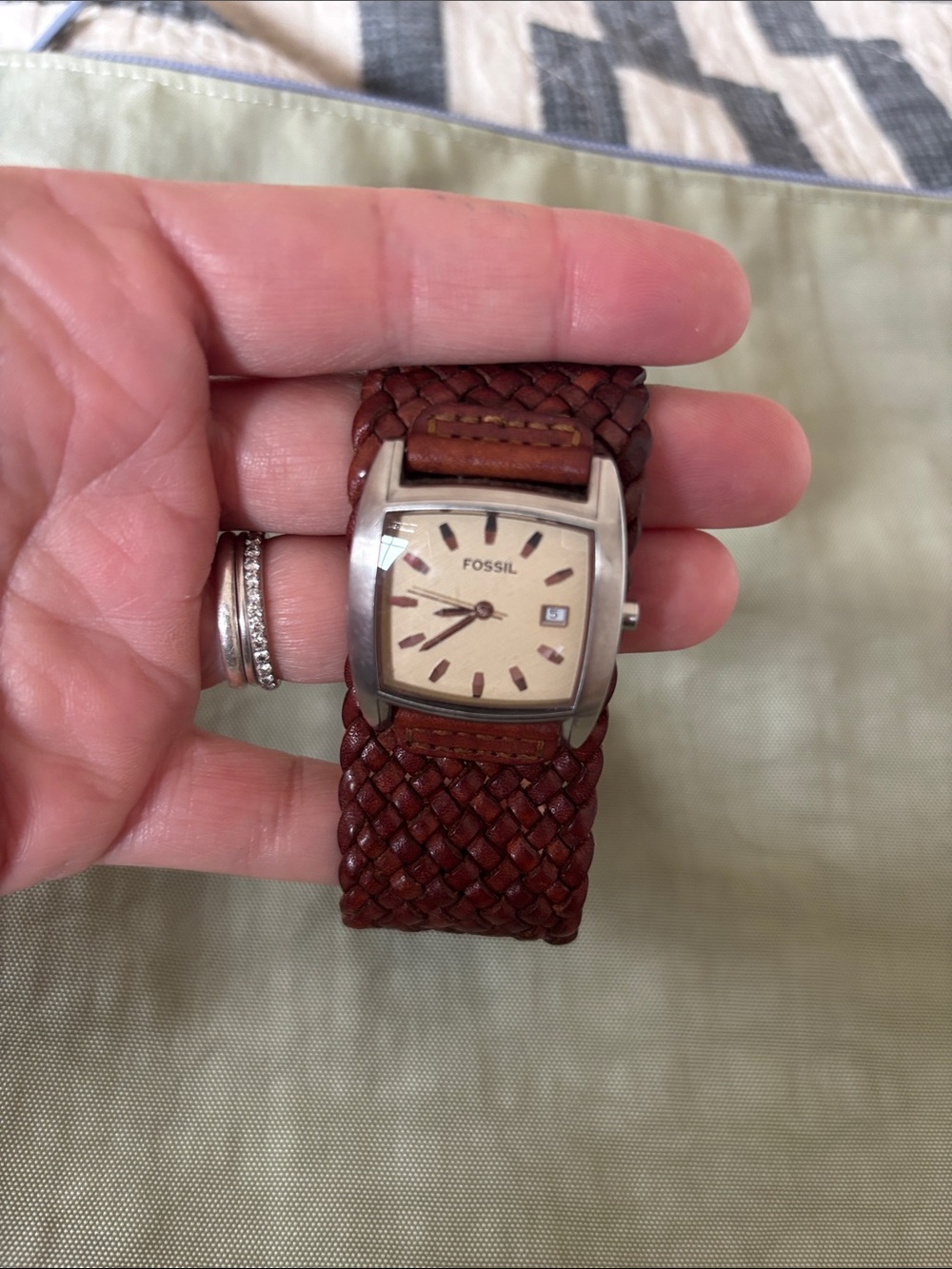 Vintage Fossil Watch, Braided / Woven Brown Leather with Silver Frame - Picture 3 of 4